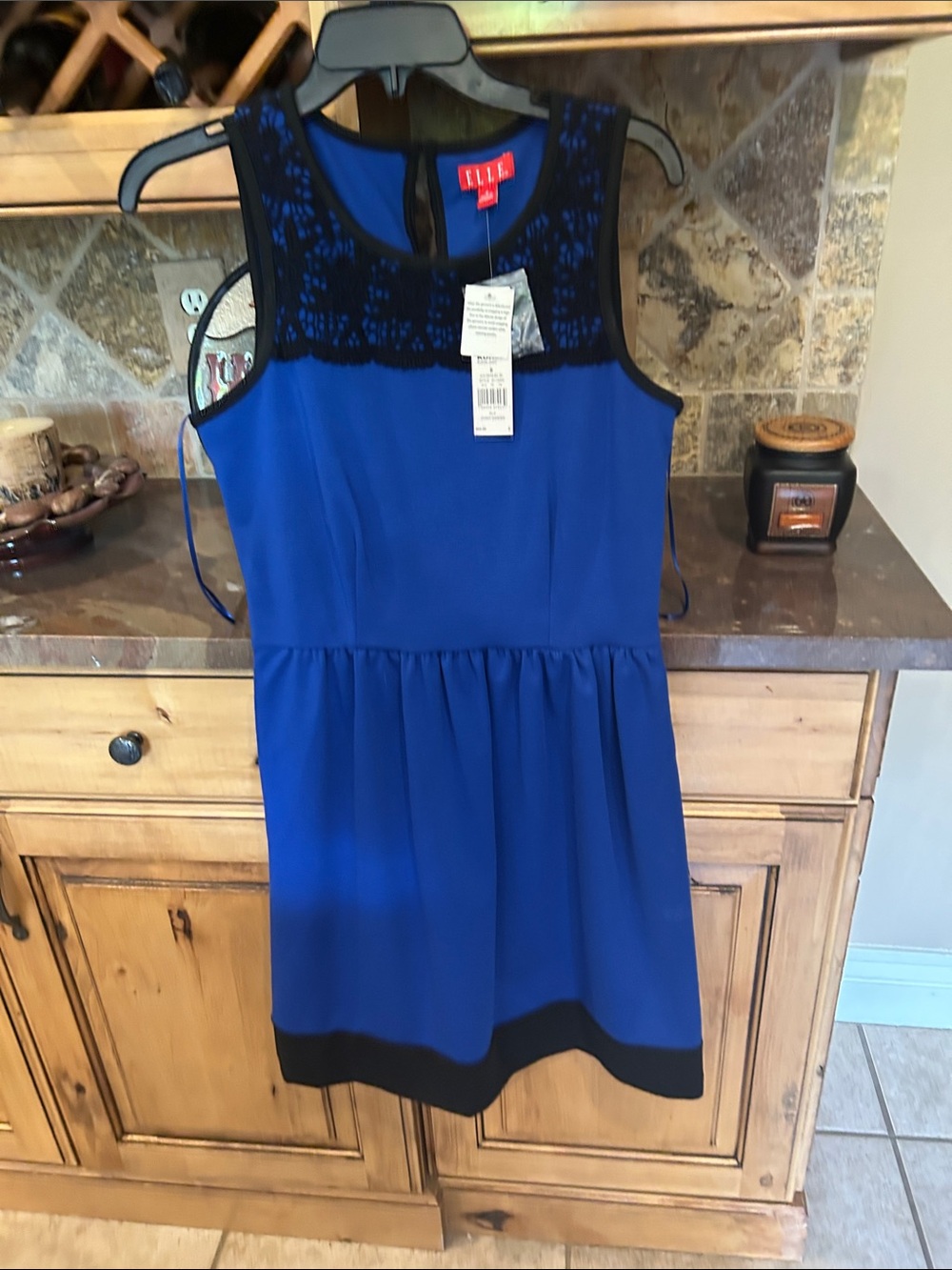Elle Royal Blue Dress with Black Lace Yoke and Hem